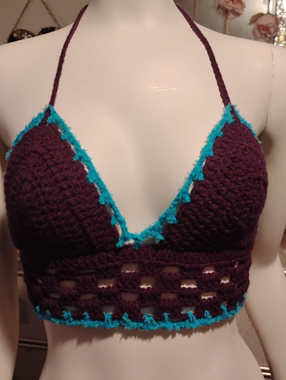 Handmade Crochet Bralette - Purple with Teal Trim